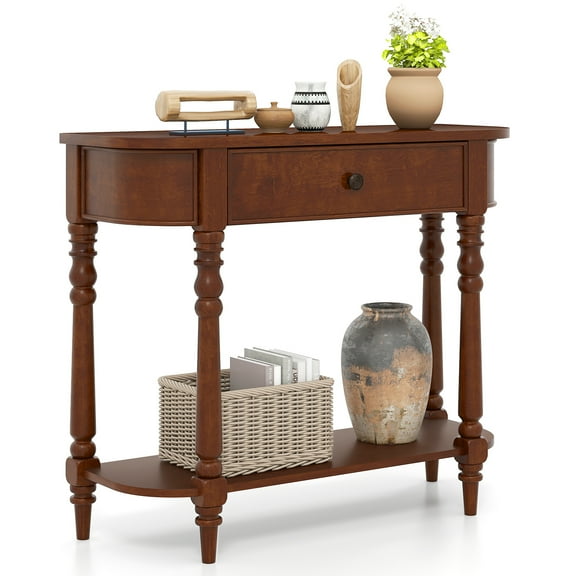 Gymax Retro Console Table 36''L Wooden Entryway Table w/ Storage Drawer & Open Shelf Brown