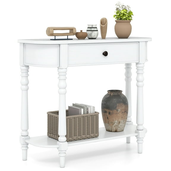 Gymax Retro Console Table 36''L Wooden Entryway Table w/ Storage Drawer & Open Shelf White