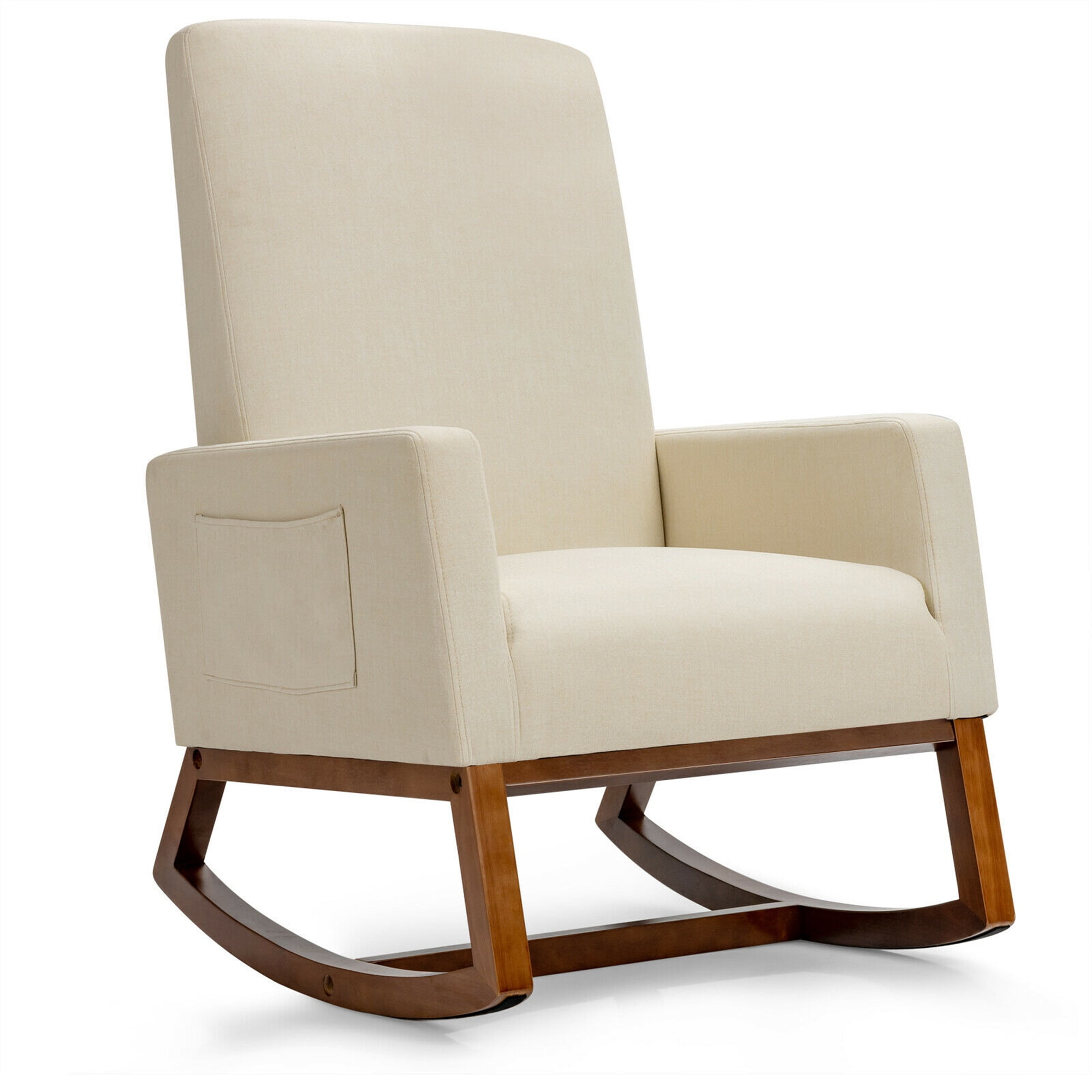 Gymax Beige Rocking Chair, High Back Upholstered Lounge Armchair with ...