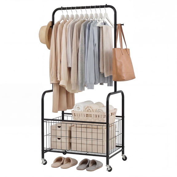 Gymax Rolling Clothes Rack w/Hanging Rod Side Hooks Storage Basket Lockable Wheels Black