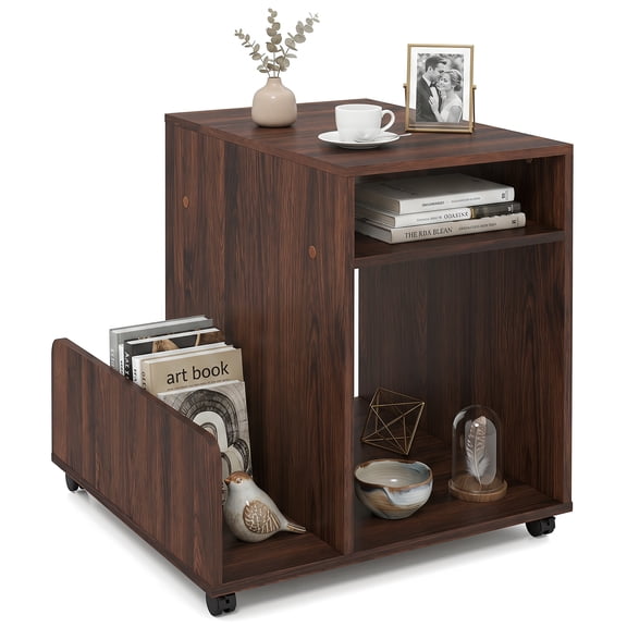 Gymax Rolling End Table w/Side Storage Rack 4 Universal Wheels 2 Lockable Wheels Coffee