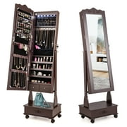 Gymax Rolling Jewelry Cabinet Armoire Full Length LED Mirror Lockable w/ Drawer Brown
