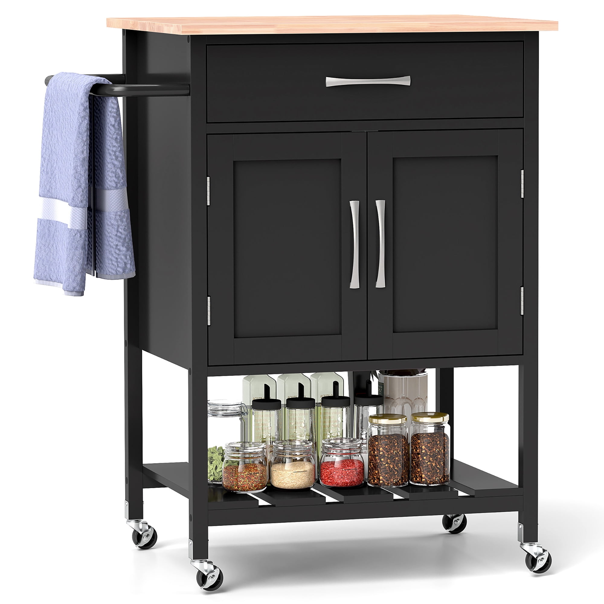 Gymax Rolling Kitchen Island Cart w/ Drawer 2-Door Storage Cabinet Bottom Tray Black