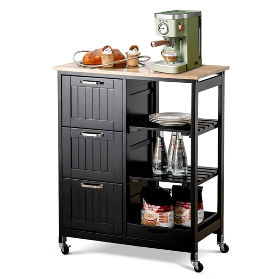Gymax Rolling Kitchen Island Utility Storage Cart w/ 3 Storage Drawers & Shelves Black