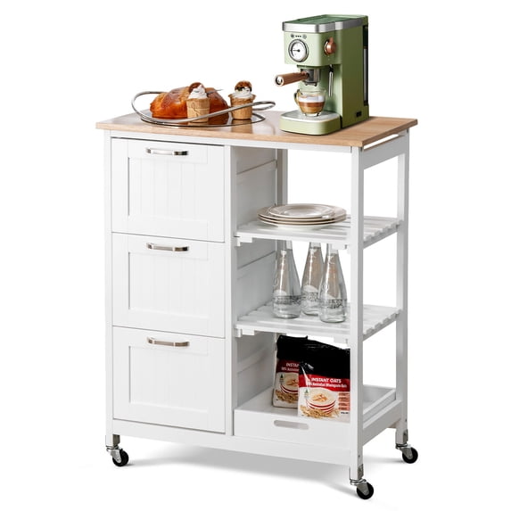 Gymax Rolling Kitchen Island Utility Storage Cart w/ 3 Storage Drawers & Shelves White