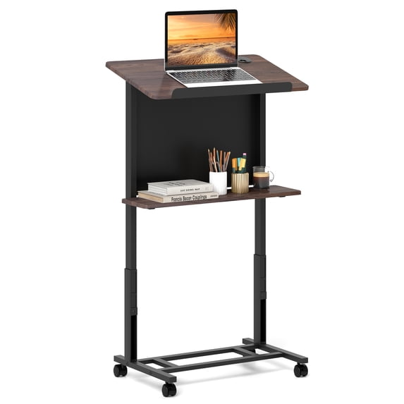 Gymax Rolling Podium Stand 40.5''-49'' Height Adjustable Lectern Table Mobile Pulpit