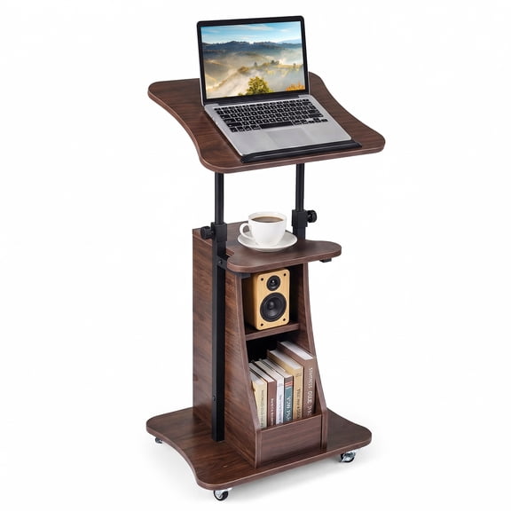 Gymax Rolling Podium Stand Height Adjustable Lectern Table w/ Tilting Tabletop Brown