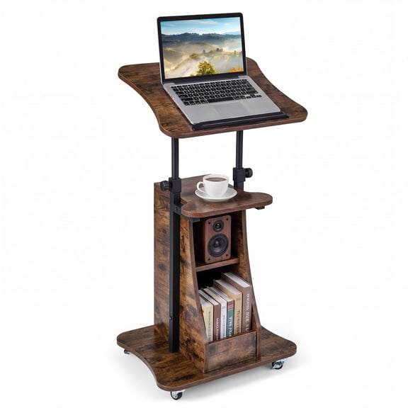 Gymax Rolling Podium Stand Height Adjustable Lectern Table w/ Tilting Tabletop Rustic Brown