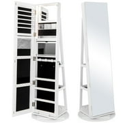 Gymax Rotating Mirrored Jewelry Cabinet with Mirror Storage Shelves White
