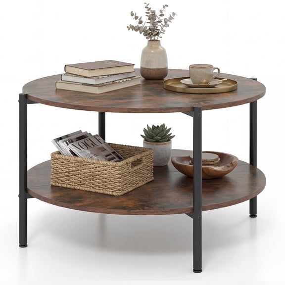 Gymax Round Coffee Table w/Open Storage Shelf Circle Cocktail Table for Living Rooms