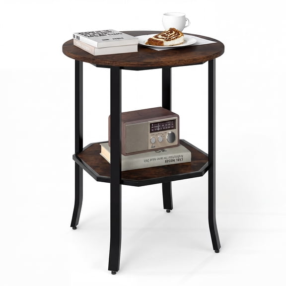 Gymax Round End Table 2-Tier Night Stand w/Storage Shelf Industrial Bedside Table Rustic Brown & Black