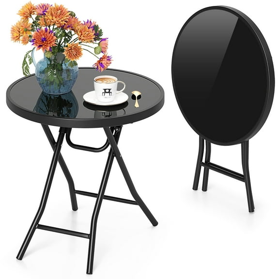 Gymax Round Folding Side Table 18 Inch Patio Coffee Table w/ Tempered Glass Tabletop Black