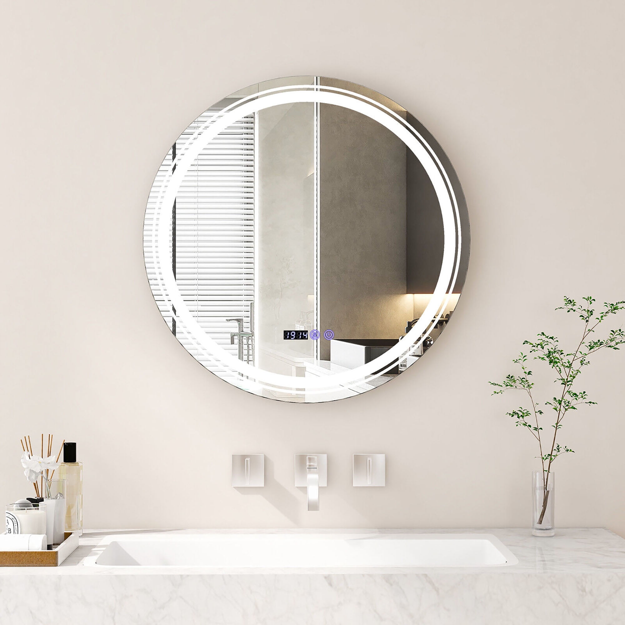 Gymax Round Led Bathroom Mirror w/ 3 Color LED Lights Time ...