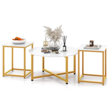 Giantex 3-Piece Nesting Table Set - Round Faux Marble Coffee Table With 2 End Tables White & Gold