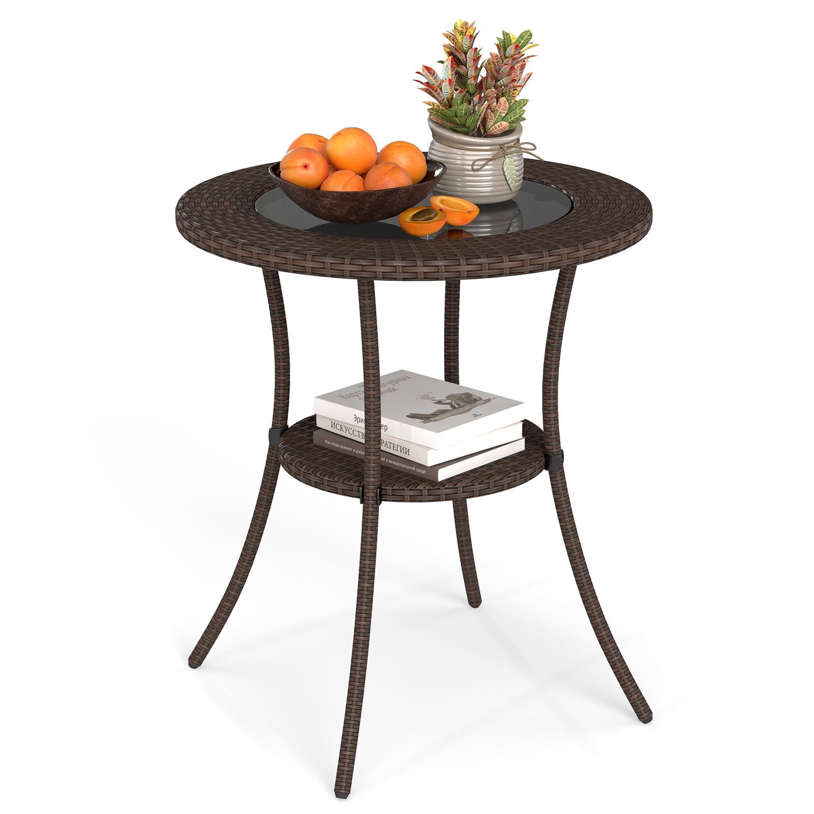 Gymax 25.5'' PE Wicker Patio Bistro Table Round Coffee Table w/ Tempered Glass Top Outdoor