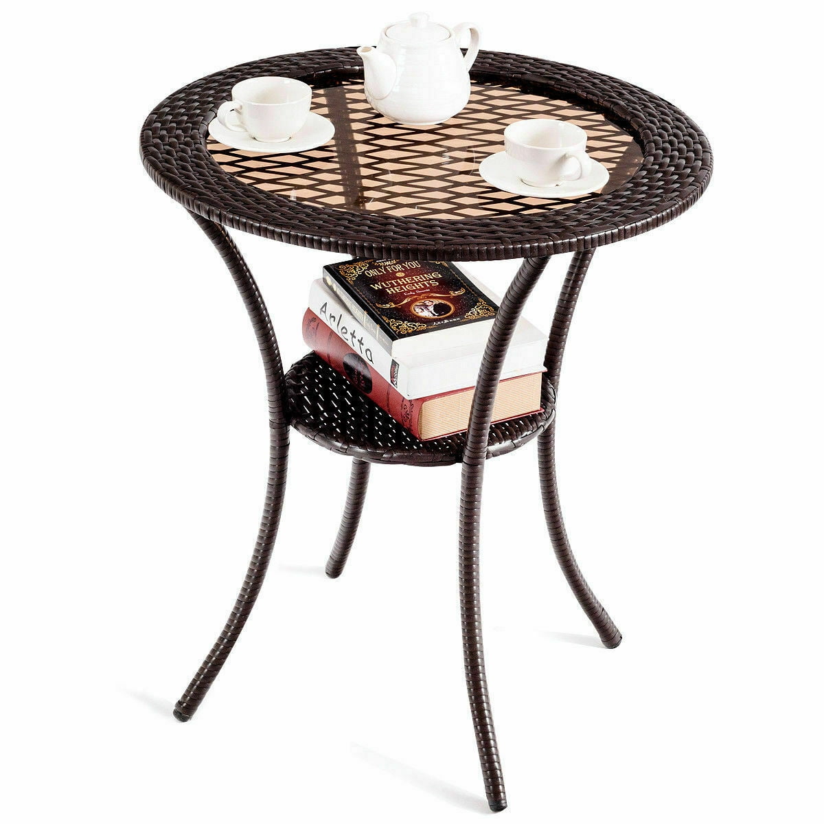Brown Round Rattan Wicker Coffee Table with Glass Top and Shelf