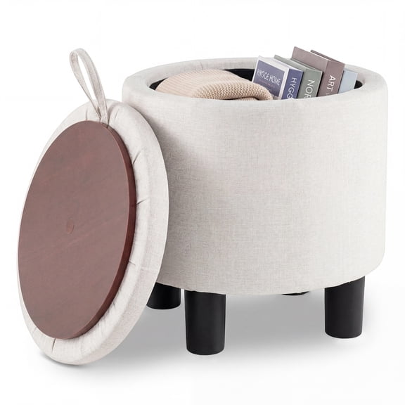 Gymax Round Storage Ottoman Linen Fabric Upholstered Footrest Stool w/ Removable Lid Beige