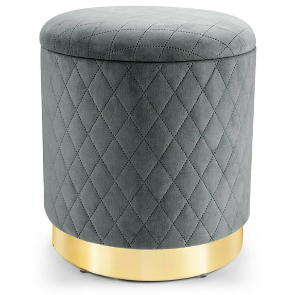 Gymax Round Upholstered Storage Ottoman, Grey