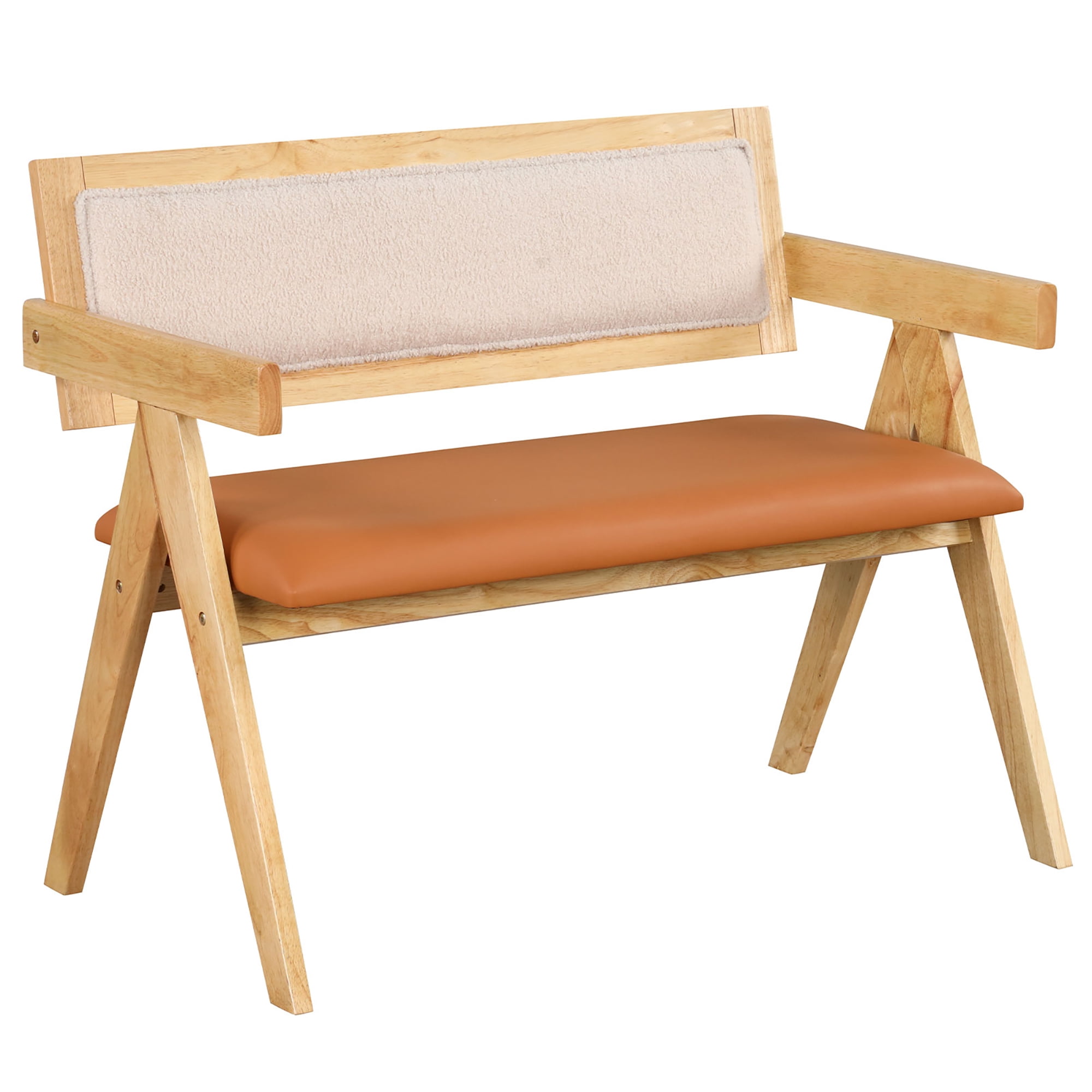 Gymax Rubber Wood Dining Bench w/Armrest Sherpa Upholstered Backrest ...
