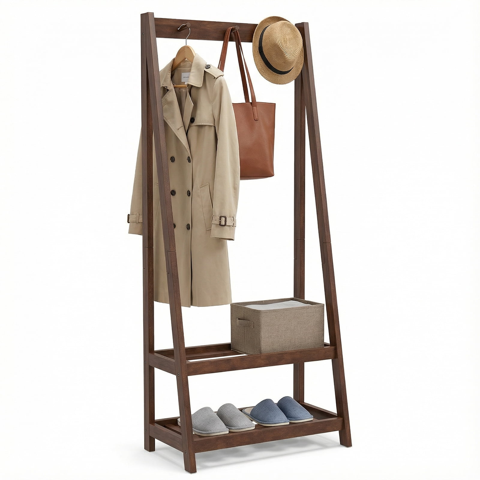 Rube Garment Rack Gymax Rubber Wood Garment Rack w/3 Hooks & 2 Shelves for Entryway ...