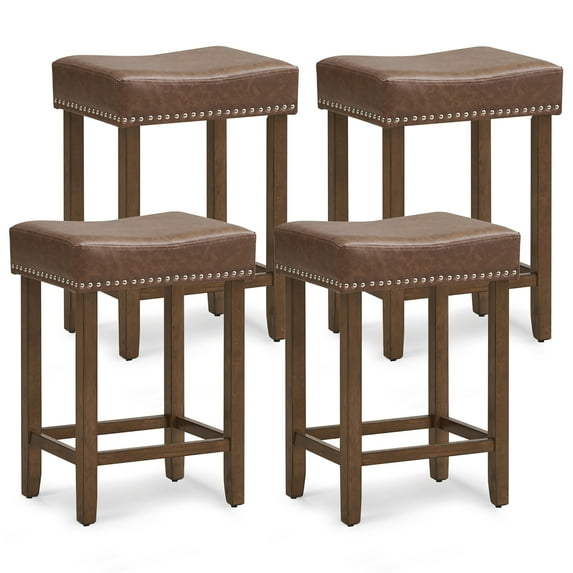 Gymax Bar Stool Set of 4 24-Inch Counter Height Saddle Stools w/ PU Leather Upholstery Brown