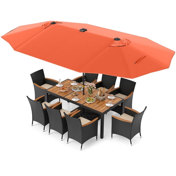 Gymax Set Of 11 Patio Dining Set w/ 15ft Double-Sided Patio Umbrella (Base Included) Orange