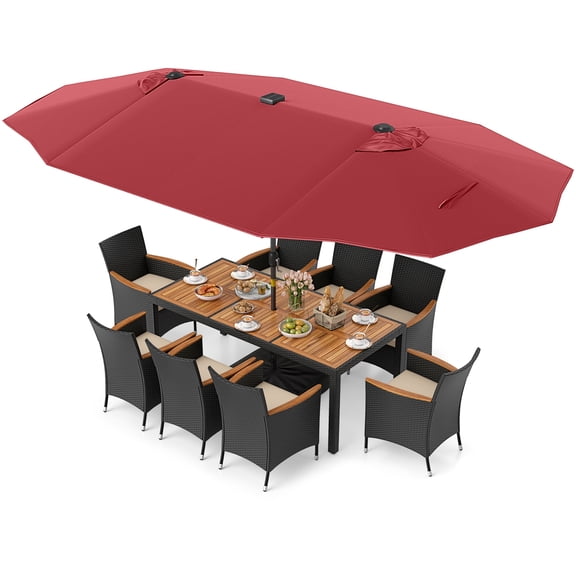 Gymax Set Of 11 Patio Dining Set w/ 15ft Double-Sided Patio Umbrella (Base Included) Wine