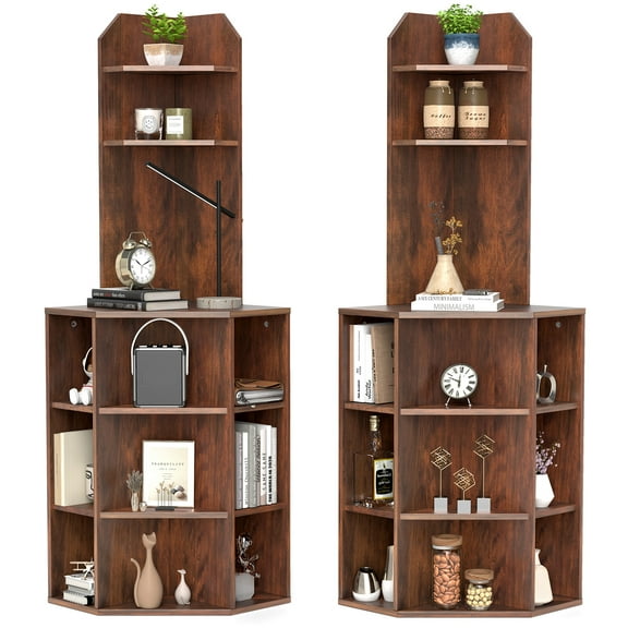 Gymax Set Of 2 6-Tier Corner Shelf 63'' Tall Corner Bookshelf w/ 2 USB Ports & Charging Brown