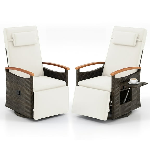 Gymax Set Of 2 Outdoor 360° Swivel Rattan Recliner Chair Patio Wicker Chaise Lounge Chair White