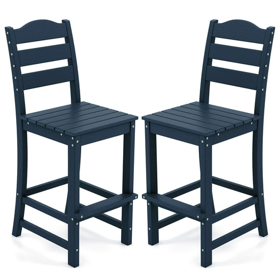 Gymax Set Of 2 Outdoor HDPE Bar Stool Patio Tall Chair Backrest Footrest All Weather Navy