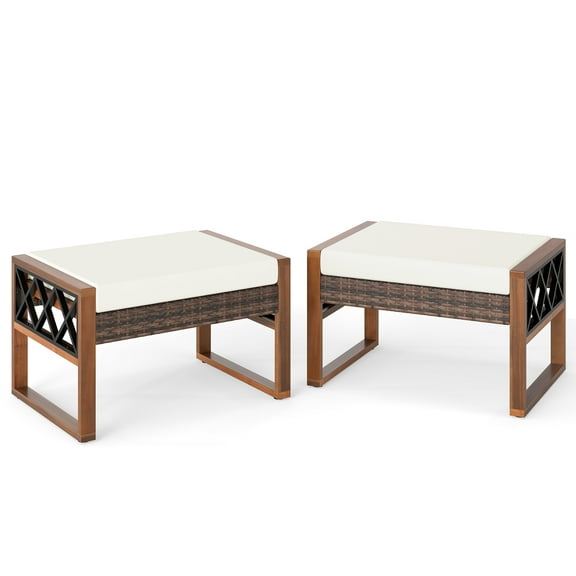 Gymax Set Of 2 PE Rattan Wicker Ottomans Outdoor Patio Footstools Multipurpose Furniture