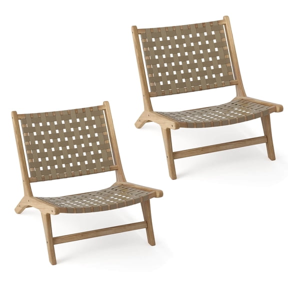 Gymax Set Of 2 Teak Wood Lounge Chair w/ Nylon Woven Backrest & Seat Comfy Reading Chair Brown