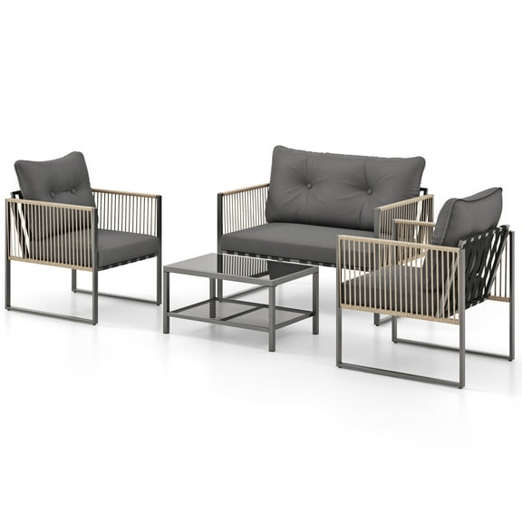 Gymax Set Of 4 Patio Furniture Set PE Rattan Conversation Sofa Set w/ Thick Cushions