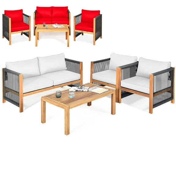 Gymax Set Of 4 Wood Outdoor Patio Furniture Set w/Cushions White Red Cushion Cover Sets