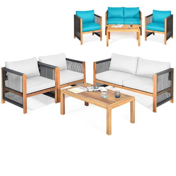 Gymax Set Of 4 Wood Outdoor Patio Furniture Set w/Cushions White Turquoise Cushion Cover Sets