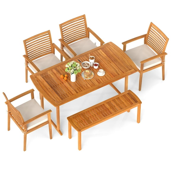 Gymax Set Of 6 Outdoor Acacia Wood Dining Set Rectangle Dining Table w/ 4 Chairs & Bench