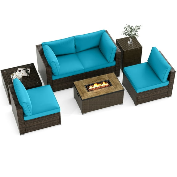 Gymax Set Of 7 Furniture Set w/32'' Fire Pit Table & Propane Tank Cover Outdoor Multicolor
