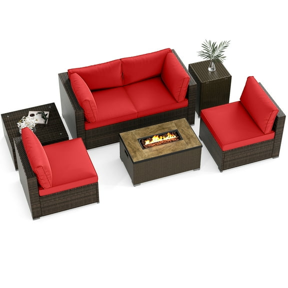 Gymax Set Of 7 Furniture Set w/32'' Fire Pit Table & Propane Tank Cover Outdoor Red