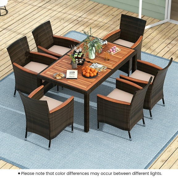 Gymax Set Of 7 Patio Rattan Dining Set 6 Stackable Chairs Cushioned Wood Table Outdoor