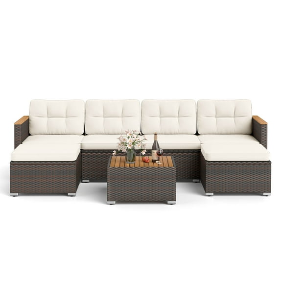 Gymax Set Of 7 Wicker Conversation Set w/ Seat & Back Cushions Wood Armrests & Tabletop