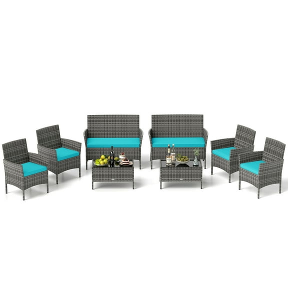 Gymax Set Of 8 Patio Furniture Set w/Washable Cushions & Tempered Glass Coffee Table Turquoise