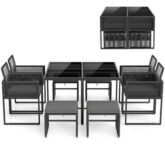 Gymax Set Of 9 Patio Dining Set w/ PE Rattan Chairs Tempered Glass Table & Ottomans
