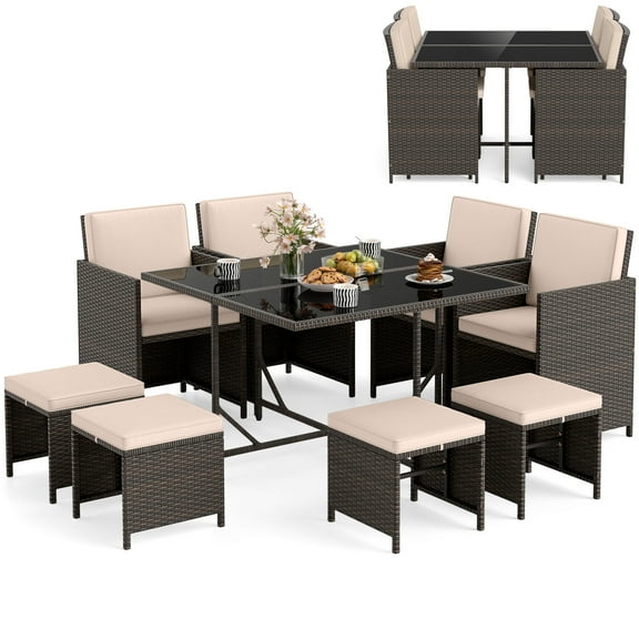 Gymax Set Of 9 Patio Dining Set w/Tempered Glass Table & Ottoman Removable Cushions