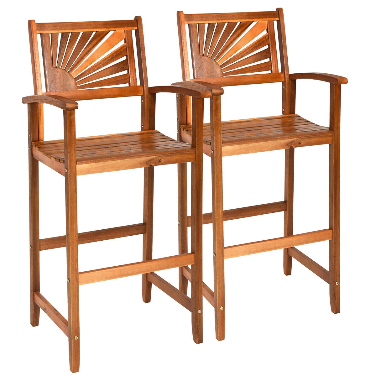 Acacia Wood High-Back Brown Outdoor Bar Stools with Armrests - Set of 2