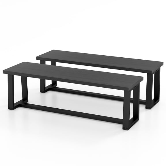 Gymax Set of 2 56.5"L Wood Dining Bench Metal Frame w/ Adjustable Footpads Entryway Black