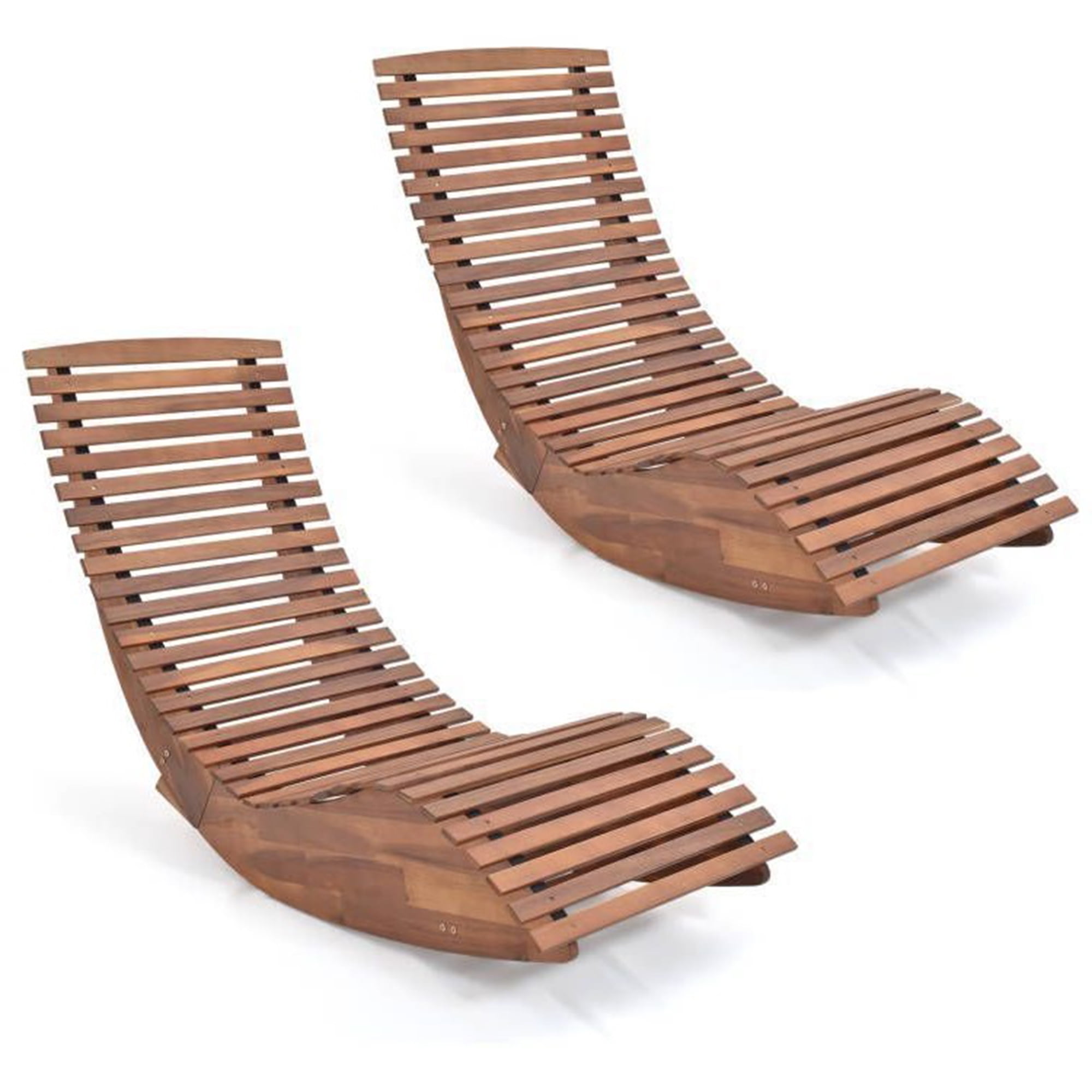 Gymax Set of 2 Acacia Wood Patio Chaise Lounge Chair Outdoor Rocking ...