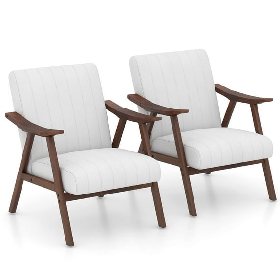 Gymax Set of 2 Accent Chair Leathaire Leisure Armchair w/ Rubber Wood Frame Beige