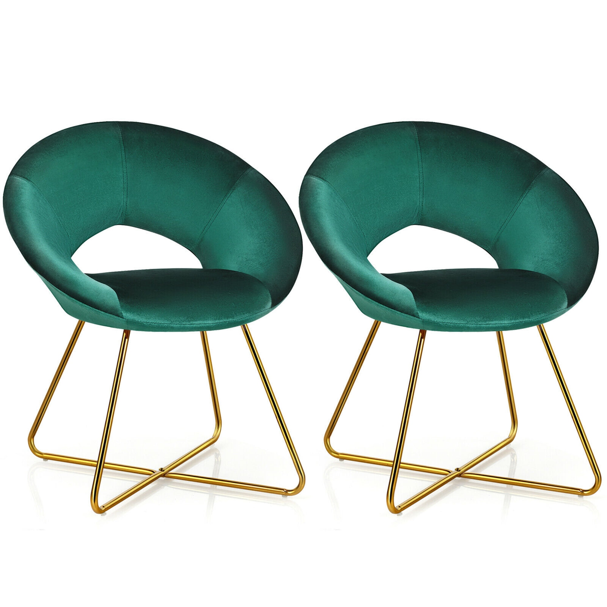 Set of 2 Dark Green Velvet Upholstered Arm Chairs with Gold Metal Legs