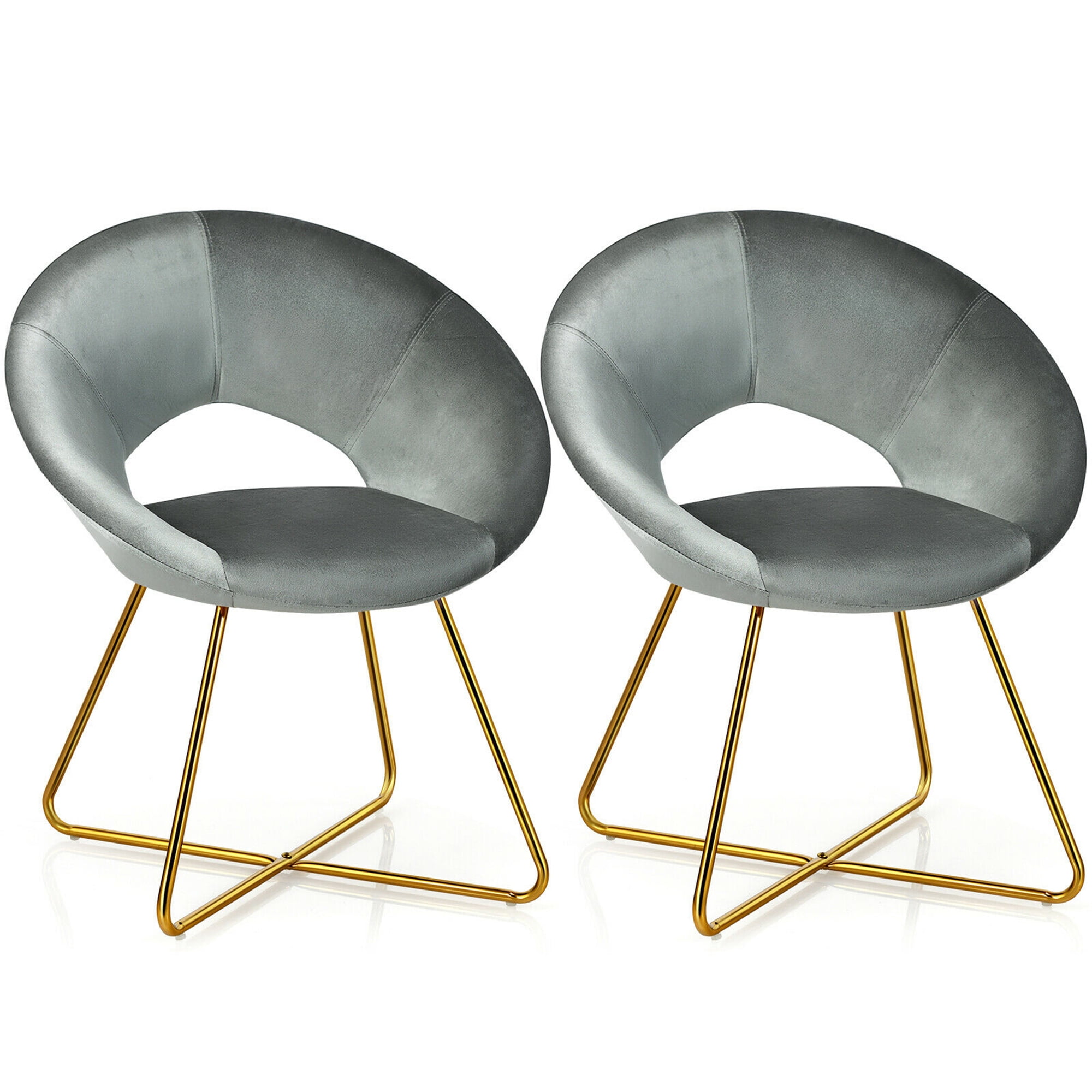 Gymax Set of 2 Accent Velvet Chairs Dining Chairs Arm Chair w/Golden Legs Grey