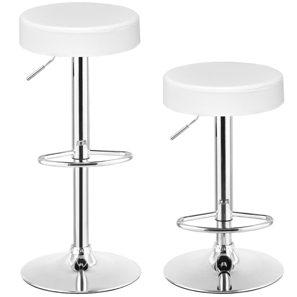 White Adjustable Swivel Backless Leather Bar Stools, Set of 2